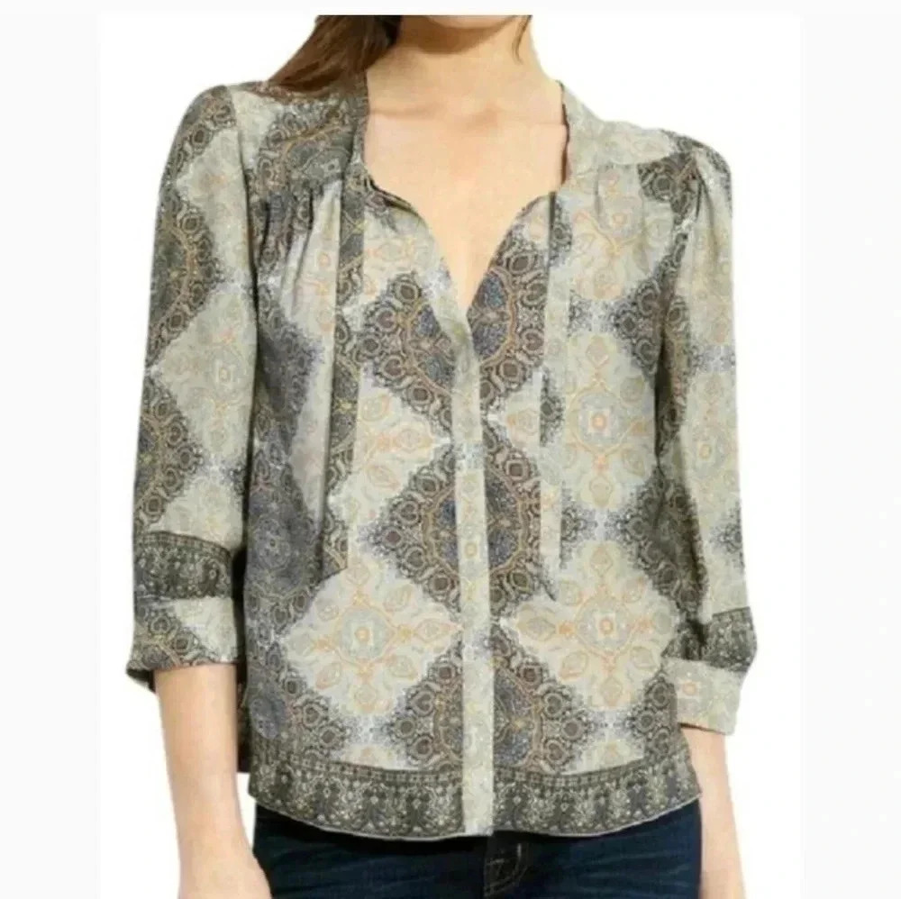 Joie Hartford Kaleidoscope Print Puff Sleeve 100% Silk Blouse(XS)